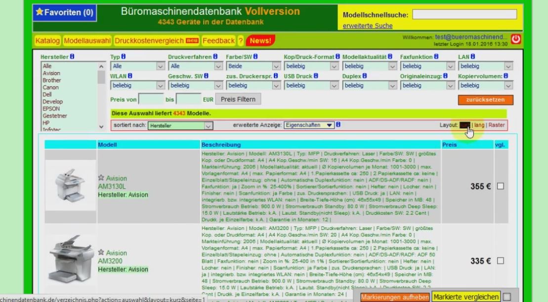 Ansicht ändern in der Modellauswahl