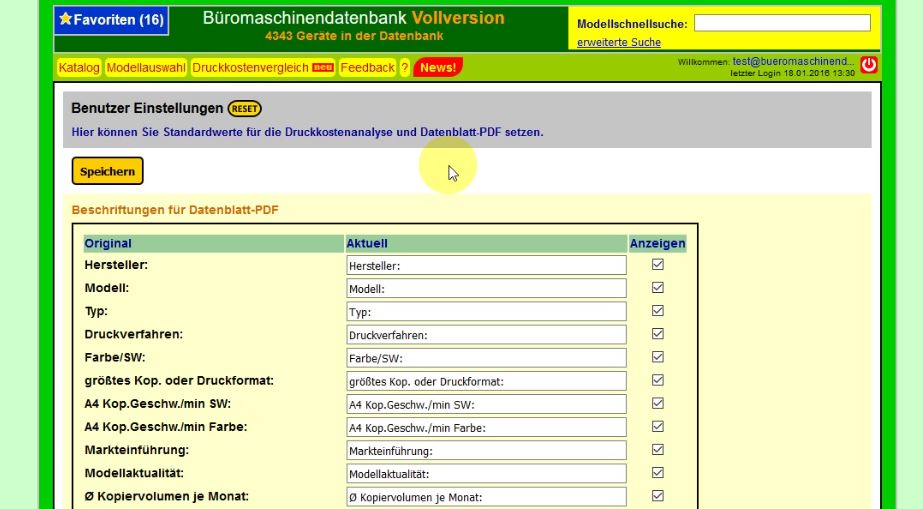 Einstellungen für PDF-Datenblatt